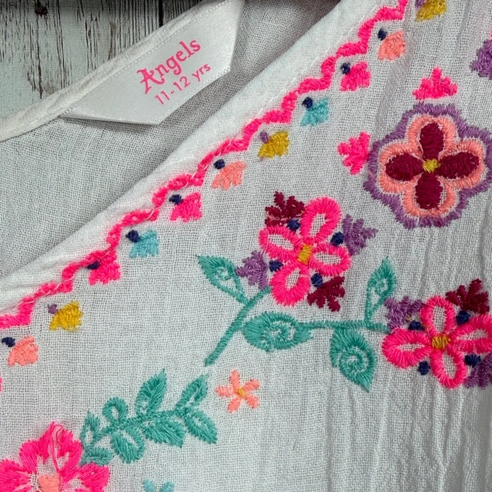 Angels Accessorize Girls Kaftan sz 11-12  Cotton White Embroidered Floral Print